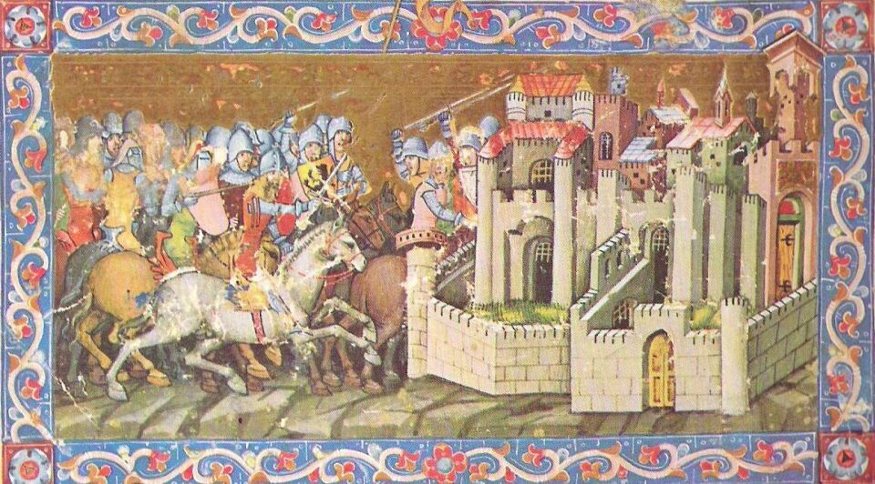 Una miniature raffigurante un assedio degli unni a una città