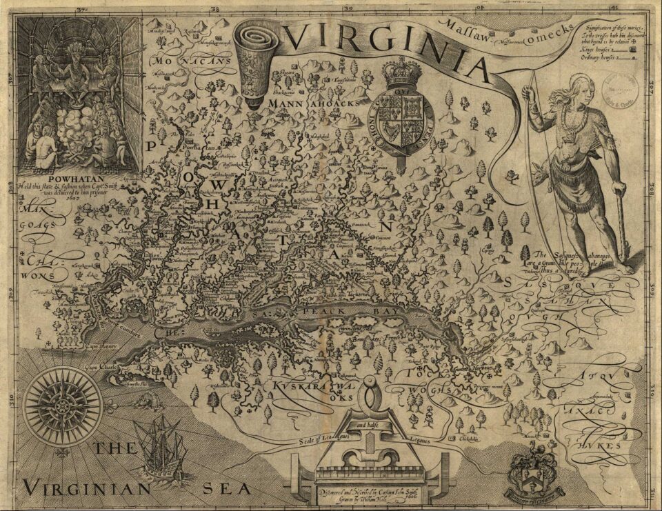 Pocahontas e John Smith - mappa della Virginia disegnata da Smith