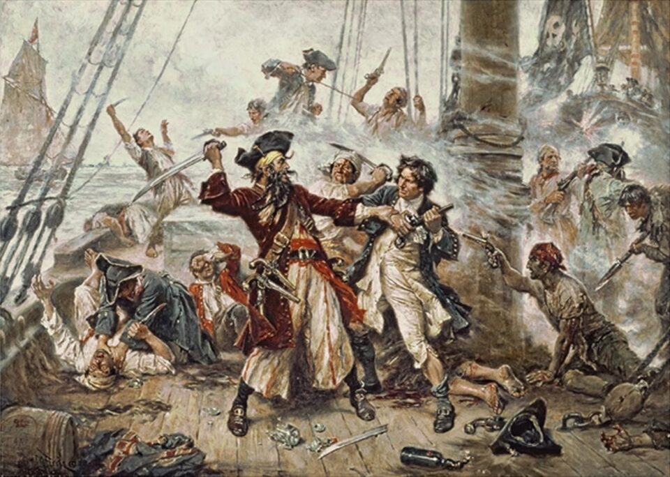 storia del pirata Barbanera - la cattura del pirata in un dipinto di Jean Leon Gerome Ferris